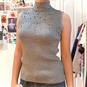 Lauren Michelle Sparkly Gray Sleeveless Turtleneck Blouse with Beaded Detail